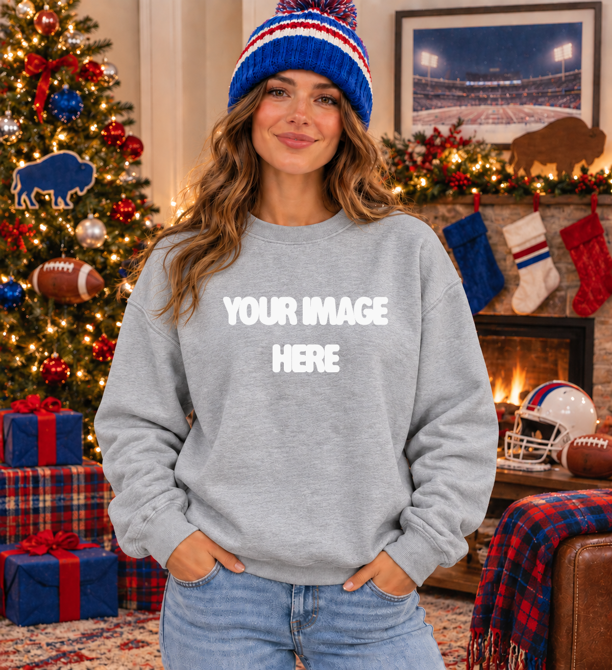 Ash Gray Gildan Crewneck Mock Up |Buffalo Themed Indoor : PNG